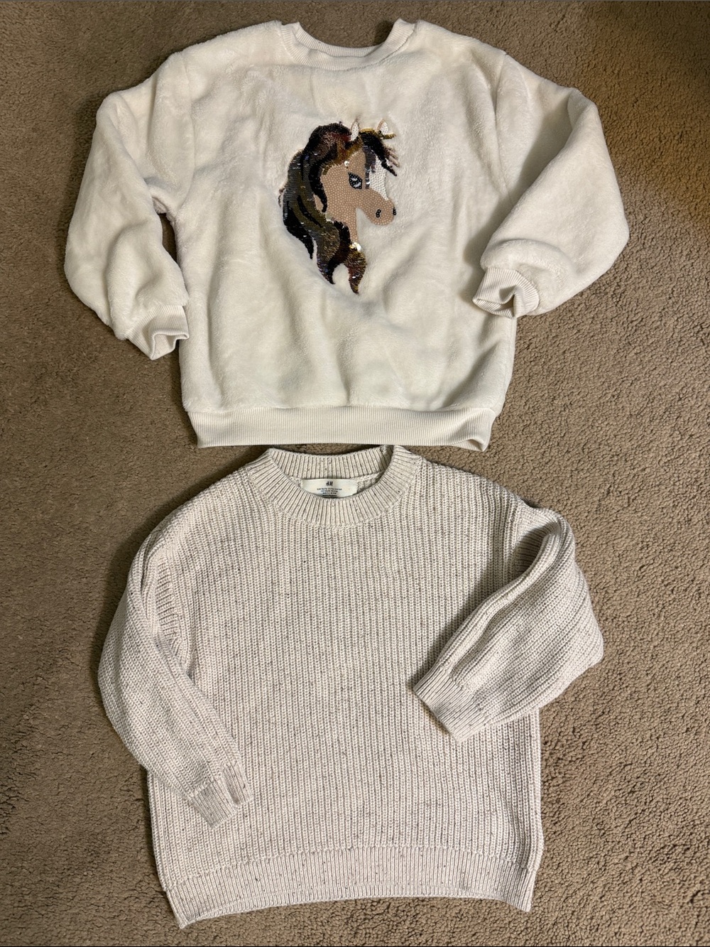 H&M 2 sweaters - White Plush Unicorn Pullover Sweater and Cream cotton sweater